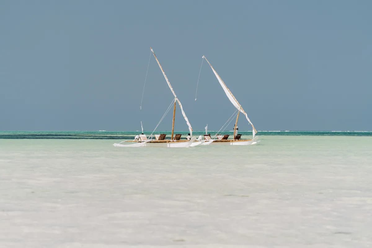 Serene scene of traditional dhows sailing on Zanzibar's turquoise waters under a clear sky.